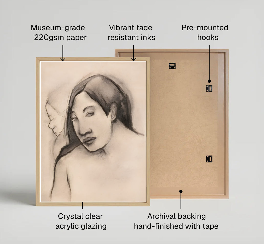 Scenic island portrait poster print of Paul Gauguin Heads Of Tahitian Women 1891 set against warm beige paper in Tahiti, French Polynesia. MapYourDreams features high-quality framed wall decor, unframed prints, and stretched canvas options ideal for living room wall decoration.