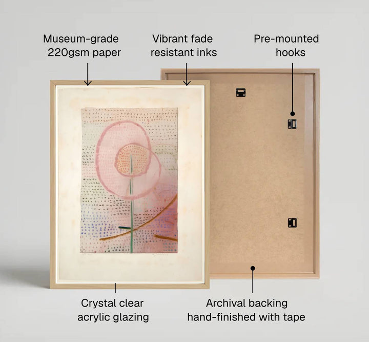 Showcasing a unique dialogue between structural botany and gentle color theory, this captivating Paul Klee Blossoming (Blühend) 1934 print transforms walls into a refined, gallery-inspired showcase. Offered by MapYourDreams, this artwork is available in flexible options including unframed paper, custom wooden frames, and gallery canvas wraps.
