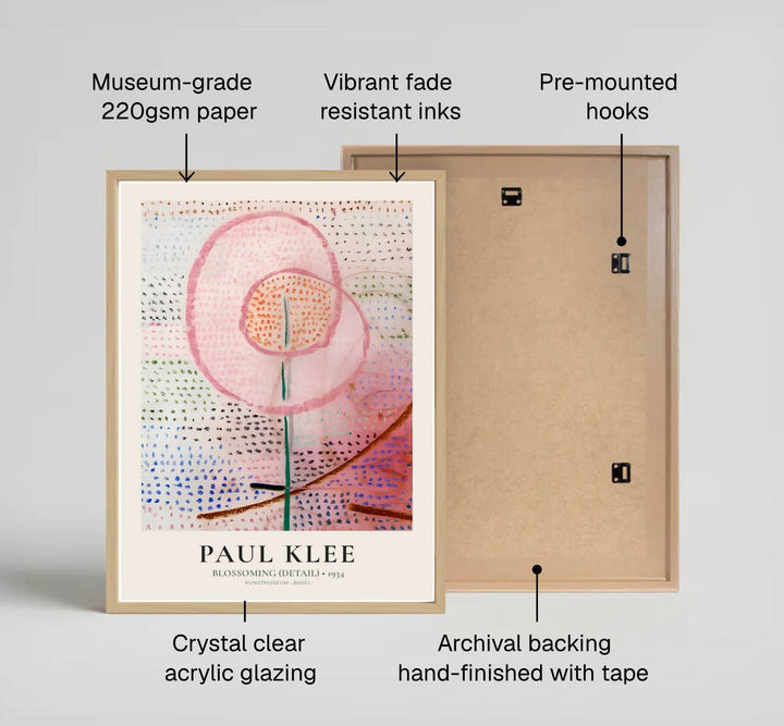 Showcasing a unique dialogue between structural botany and gentle color theory, this captivating Paul Klee Blossoming Detail (Blühend) 1934 print from Swiss exhibition archives transforms walls into a refined, gallery-inspired showcase. Offered by MapYourDreams, this artwork is available in flexible options including unframed paper, custom wooden frames, and gallery canvas wraps.