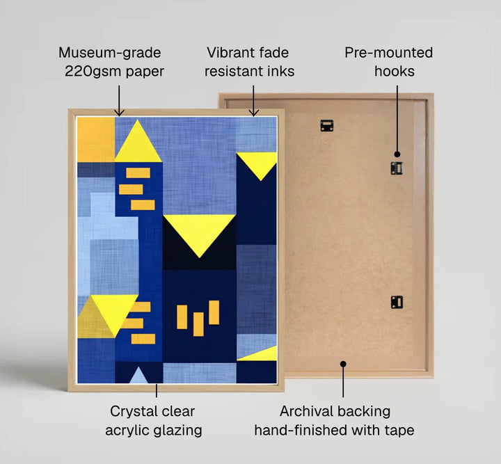 Showcasing a unique dialogue between architectural planning and abstract color theory, this captivating Paul Klee Blue Night (Blaue Nacht) poster transforms ordinary walls into a refined, gallery-inspired showcase. Offered by MapYourDreams, this artwork is available in flexible options including unframed paper, custom wooden frames, and gallery canvas wraps.