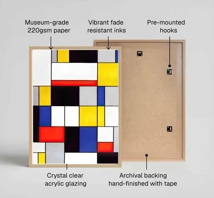 Showcasing the visionary structural technique of the master, this historic Piet Mondrian Composition A poster immortalizes neoplasticism theory with profound grace and absolute graphic restraint. MapYourDreams offers this gallery-worthy geometric print in diverse presentation styles, encompassing traditional paper posters, custom frames in various wood and metallic tones, and premium stretched canvas wraps.