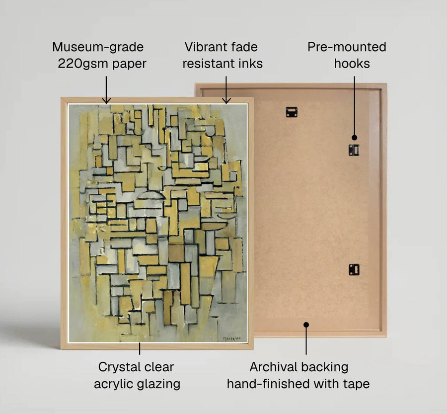 Showcasing the visionary structural technique of the master, this historic Piet Mondrian 1913 Composition In Brown And Gray poster immortalizes early abstraction theory with profound grace and subtle restraint. MapYourDreams offers this gallery-worthy cubist print in diverse presentation styles, encompassing traditional paper posters, custom frames in various wood and metallic tones, and premium stretched canvas wraps.