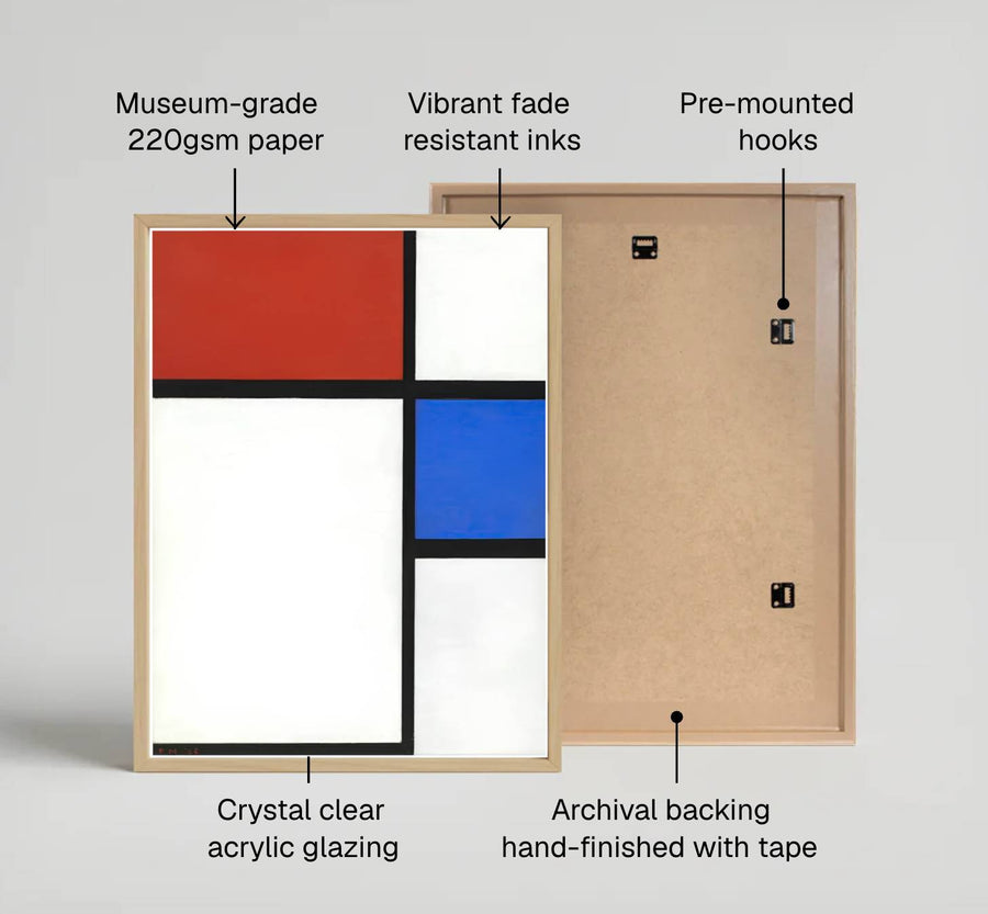 This magnificent reproduction of the 1929 Piet Mondrian Composition No II With Red And Blue poster celebrates the balanced arrangement of primary color squares against an architectural grid backdrop. MapYourDreams makes it easy to style your home by offering this artwork in flexible formats, including unframed prints, elegant custom frames, and professional canvas wraps.