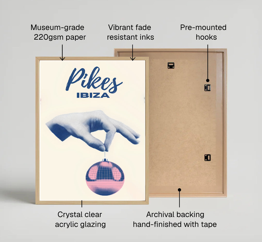 Pop-art Pikes Hotel Ibiza wall decor depicting a blue stipple hand suspending a shimmering pink disco ball over a cream backdrop, produced by MapYourDreams as an unframed print, museum canvas art, or custom framed poster finish for creative office interiors in San Antonio.