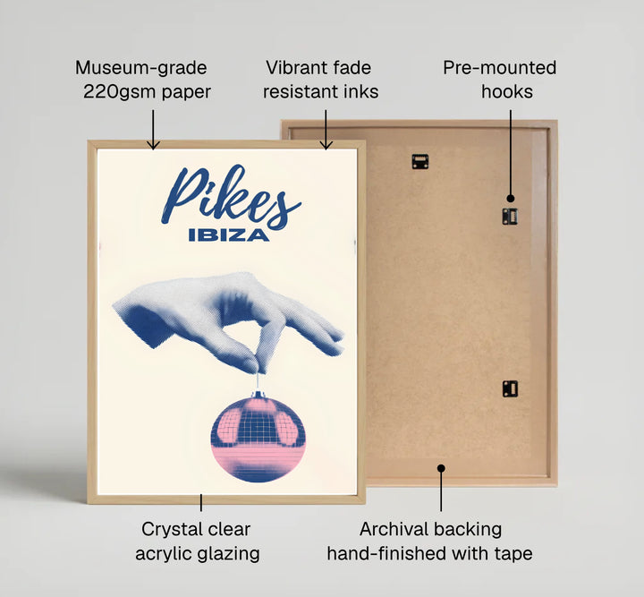 Pop-art Pikes Hotel Ibiza wall decor depicting a blue stipple hand suspending a shimmering pink disco ball over a cream backdrop, produced by MapYourDreams as an unframed print, museum canvas art, or custom framed poster finish for creative office interiors in San Antonio.