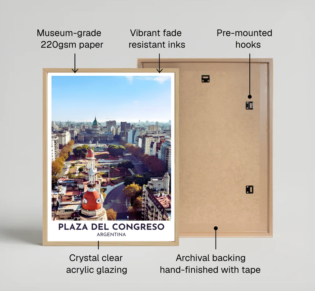 A grand aerial photography view sweeps across Avenida de Mayo in this Plaza del Congreso poster, presented by MapYourDreams with multiple framing possibilities ranging from minimalist unframed paper to solid wood and gallery canvas finishes.