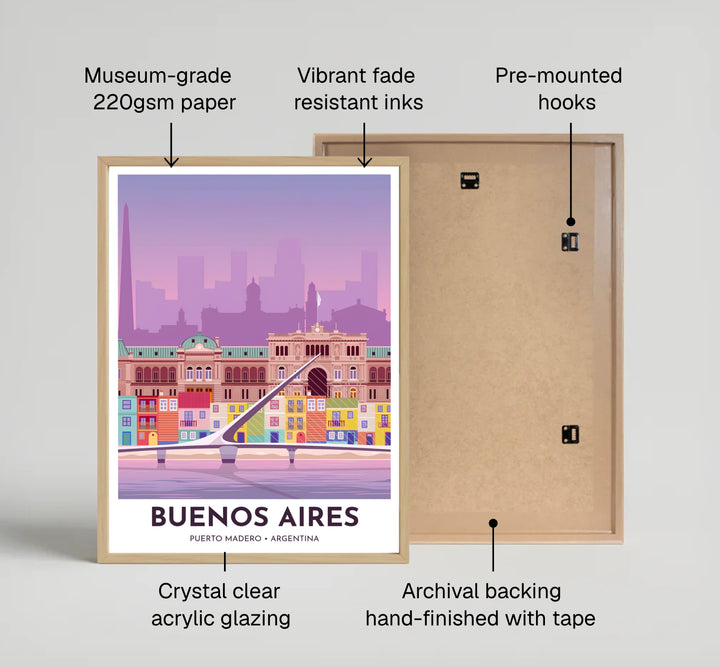 Contrasting a sleek white bridge pylon against a vibrant pastel architectural backdrop, this Puerto Madero art print captures the artistic spirit of Argentina, carefully crafted by MapYourDreams across unframed prints, wooden framing, and stretched canvas.