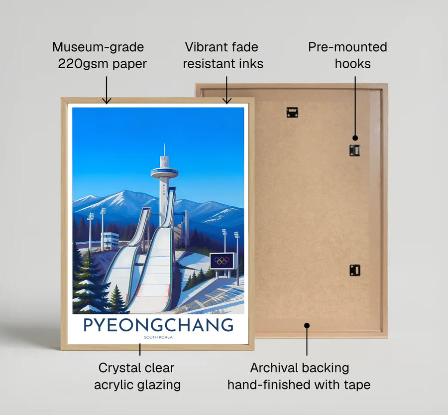High-detail travel print capturing the iconic Alpensia Ski Jump stadium in Pyeongchang, South Korea, flanked by snow-dusted pine trees, floodlight towers, and Olympic rings scoreboard. Offered by MapYourDreams, this artwork is available in flexible options including unframed paper, custom wooden frames, and gallery canvas wraps.