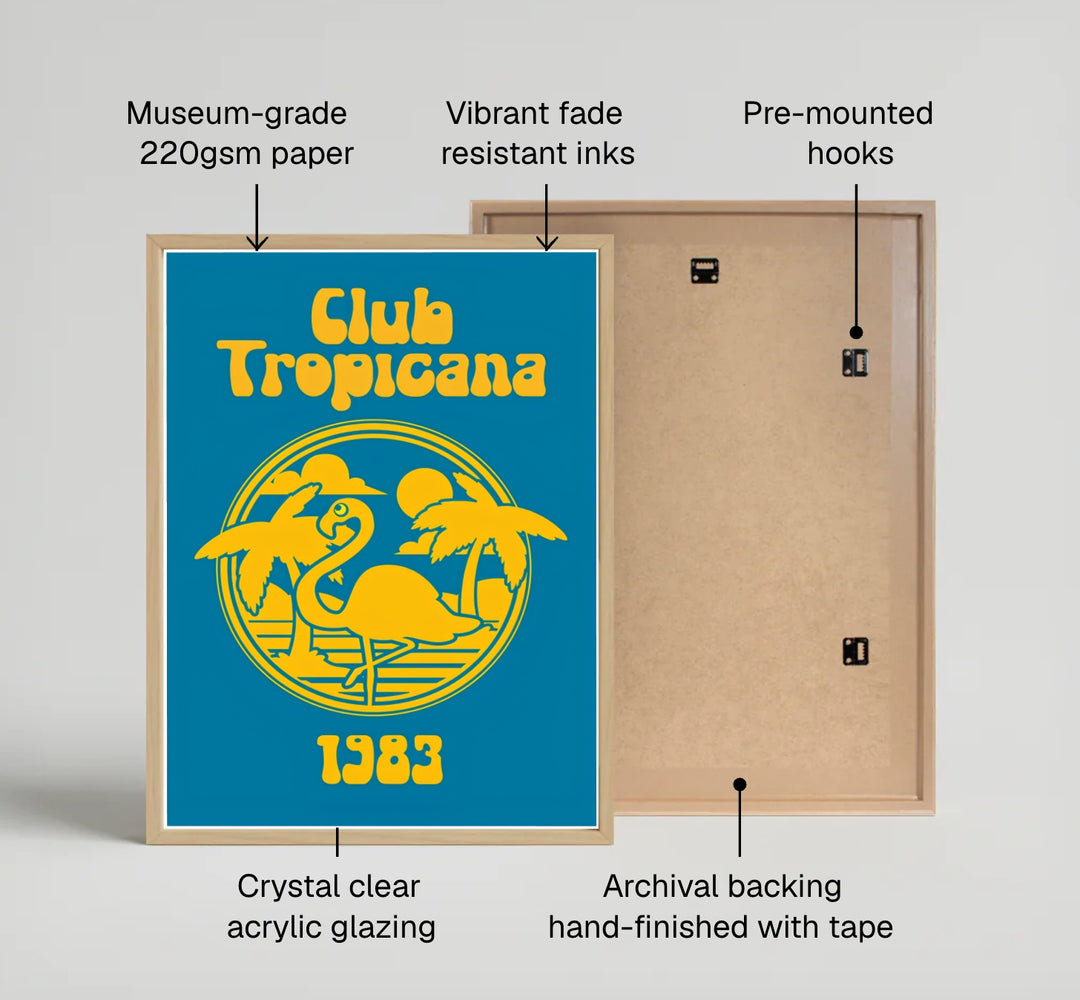 Pop-art Club Tropicana 1983 wall decor depicting a yellow flamingo silhouetted against palm trees on a teal backdrop, produced by MapYourDreams as an unframed print, museum canvas art, or custom framed poster finish for creative office and studio interiors.