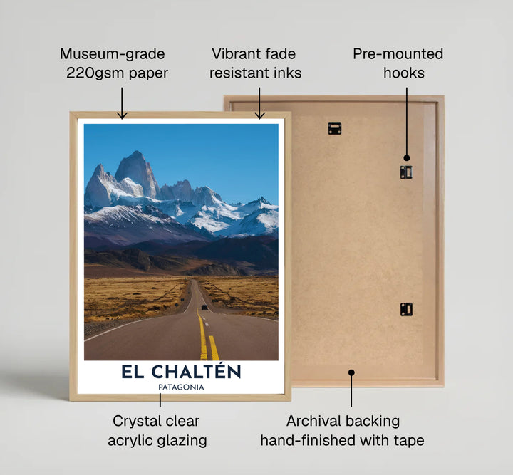A wide landscape photo view sweeps across Ruta 23 in this El Chaltén poster, offered by MapYourDreams in multiple framing finishes ranging from minimalist fine art paper to solid timber and gallery canvas styles.