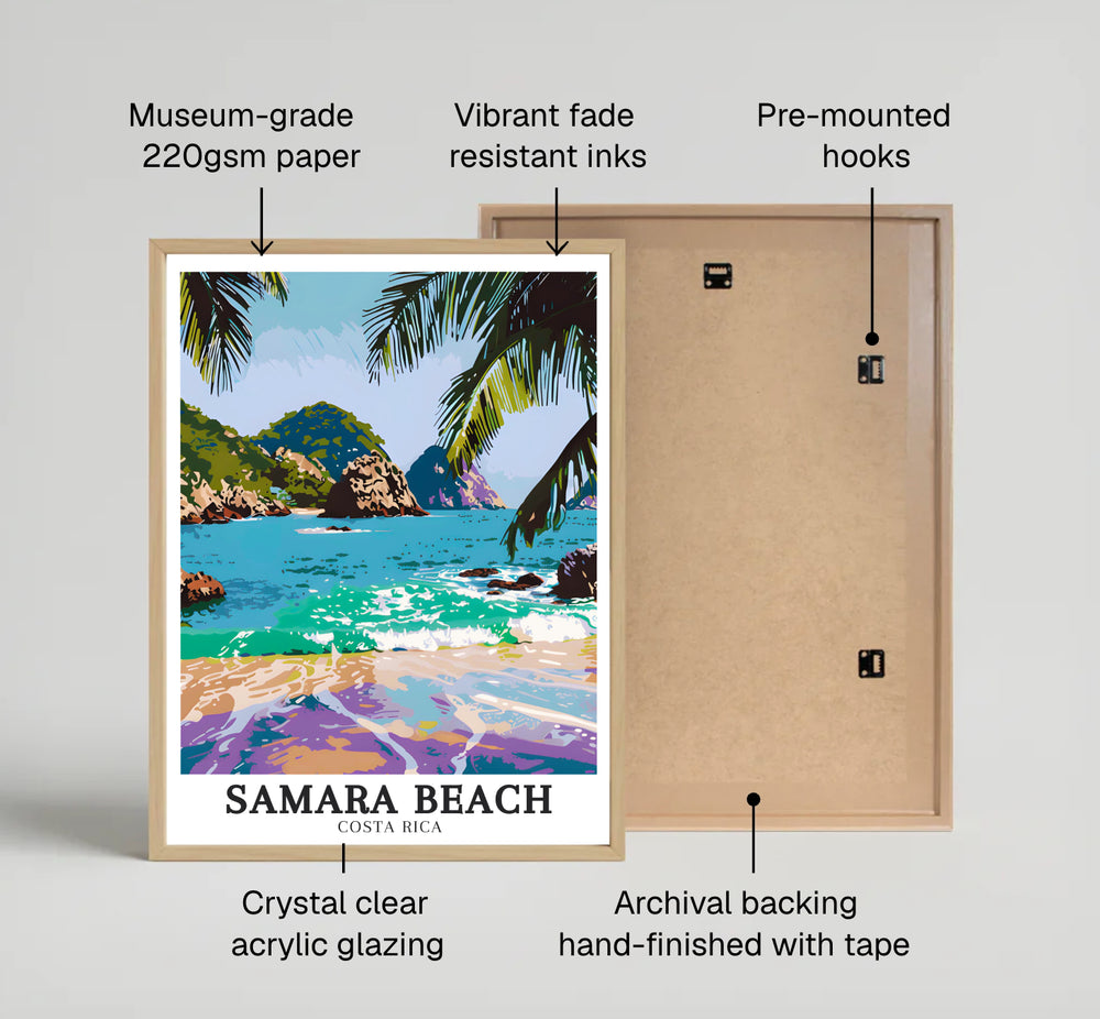Expressive painterly ocean art showing Samara Beach, Isla Chora, and Whale Tails Rocks in Costa Rica defines this print. Select framed, unframed, or canvas poster styles at MapYourDreams.