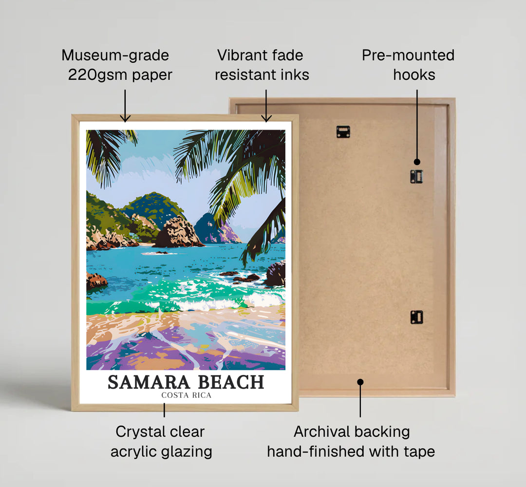 Expressive painterly ocean art showing Samara Beach, Isla Chora, and Whale Tails Rocks in Costa Rica defines this print. Select framed, unframed, or canvas poster styles at MapYourDreams.