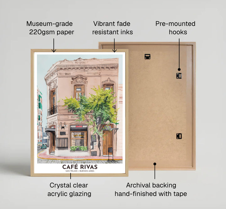 A beautiful watercolor illustration sweeps across the street corner in this San Telmo Cafe Rivas poster, offered by MapYourDreams in multiple framing finishes ranging from minimalist fine art paper to solid timber and gallery canvas styles.