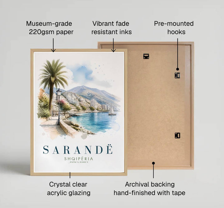 Looking along the scenic palm promenade toward distant hazy mountain ridges, this travel watercolor brings peaceful coastal vacation energy indoors. Provided by MapYourDreams in flexible choices such as unframed paper prints, wood-framed styles, and wrapped canvas options.