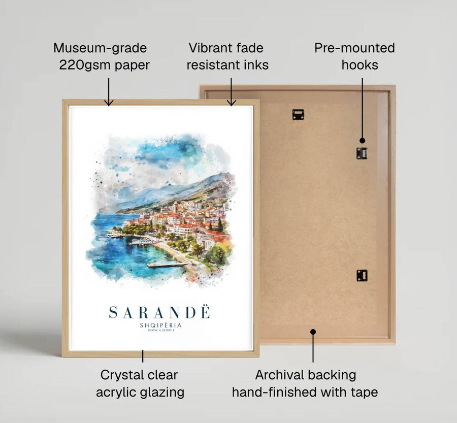 Looking across the expansive coastal bay toward distant hazy mountain ridges, this travel watercolor brings peaceful coastal vacation energy indoors. Provided by MapYourDreams in flexible choices such as unframed paper prints, wood-framed styles, and wrapped canvas options.