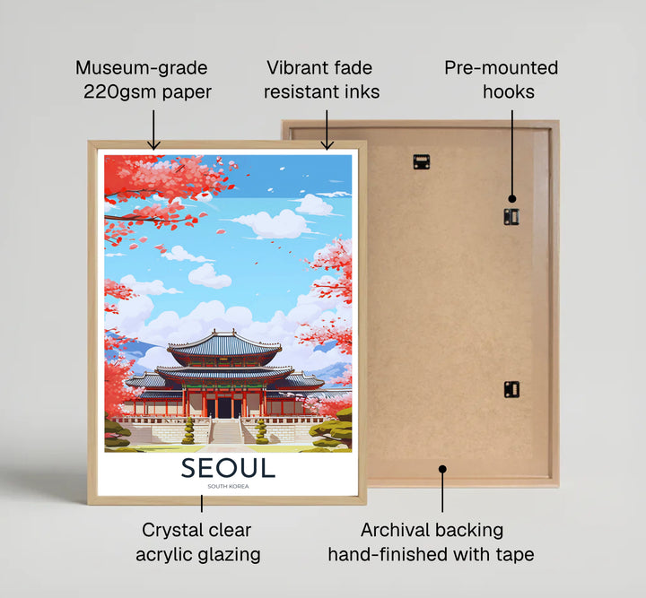 High-detail travel print featuring the grand courtyard and stone staircase of Gyeongbokgung Palace in Seoul, South Korea, framed by bright red and pink cherry blossoms. Offered by MapYourDreams, this artwork is available in flexible options including unframed paper, custom wooden frames, and gallery canvas wraps.