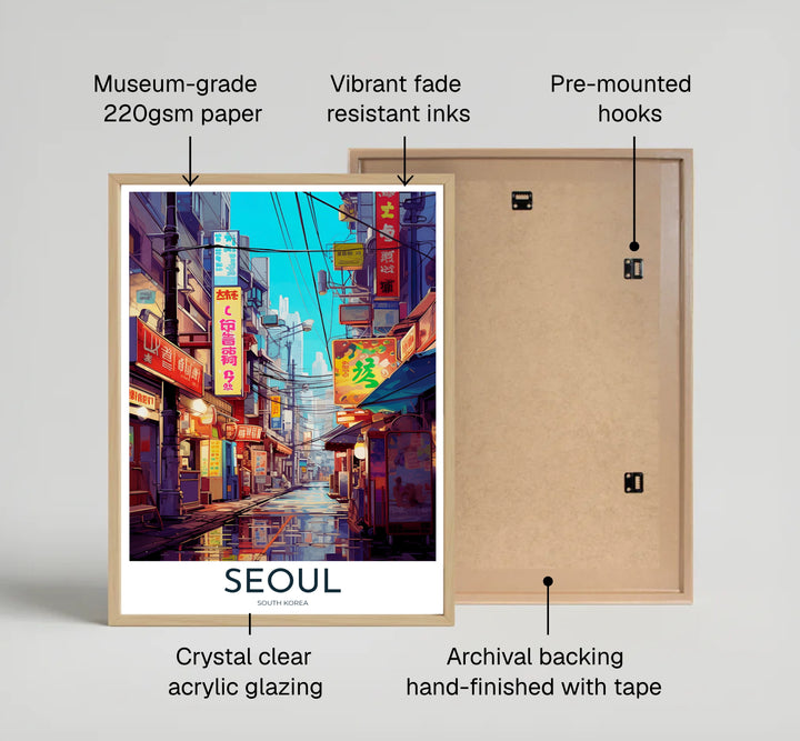 High-detail anime street print featuring a vibrant commercial alley in Seoul, South Korea, lined with multi-colored shop signs, glowing lanterns, utility wiring, and wet reflective ground surfaces. Offered by MapYourDreams, this artwork is available in flexible options including unframed paper, custom wooden frames, and gallery canvas wraps.