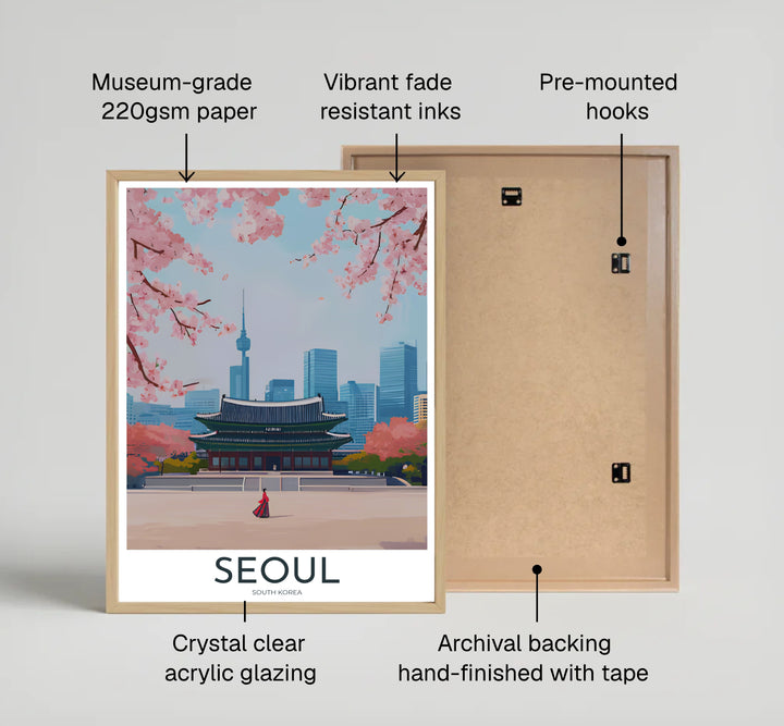 High-detail travel poster featuring the sweeping stone courtyard of Gyeongbokgung Palace in Seoul, South Korea, with a Hanbok-clad visitor, soft pink cherry blossoms, and the iconic N Seoul Tower silhouette. Offered by MapYourDreams, this artwork is available in flexible options including unframed paper, custom wooden frames, and gallery canvas wraps.