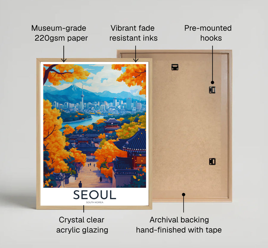 High-contrast landscape print featuring a hillside view of Seoul, South Korea, with traditional Korean temple eaves, golden autumn leaves, the Han River bend, and the iconic N Seoul Tower skyline. Offered by MapYourDreams, this artwork is available in flexible options including unframed paper, custom wooden frames, and gallery canvas wraps.