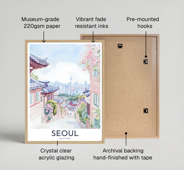 Dreamy Asian travel poster showcasing a hillside view of Seoul, South Korea, with detailed watercolor washes of Hanok roof tiles, brick walls, blooming cherry blossoms, and the iconic N Seoul Tower skyline. Offered by MapYourDreams, this artwork is available in flexible options including unframed paper, custom wooden frames, and gallery canvas wraps.