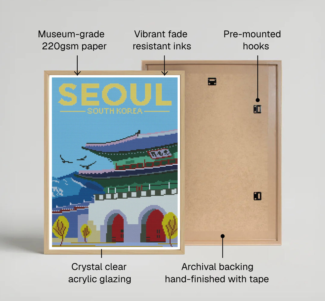 Woven tapestry vector poster featuring an up-close perspective of Gwanghwamun Gate in Seoul, South Korea, displaying rich red arched entrance gates, white stone walls, and colorful temple eaves. Offered by MapYourDreams, this artwork is available in flexible options including unframed paper, custom wooden frames, and gallery canvas wraps.