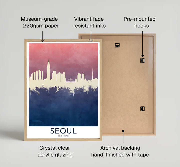 Contemporary Korean architecture print presenting the skyline of Seoul, South Korea, with distinct suspension bridges and modern skyscrapers in a off-white silhouette. Offered by MapYourDreams, this artwork is available in flexible options including unframed paper, custom wooden frames, and gallery canvas wraps.