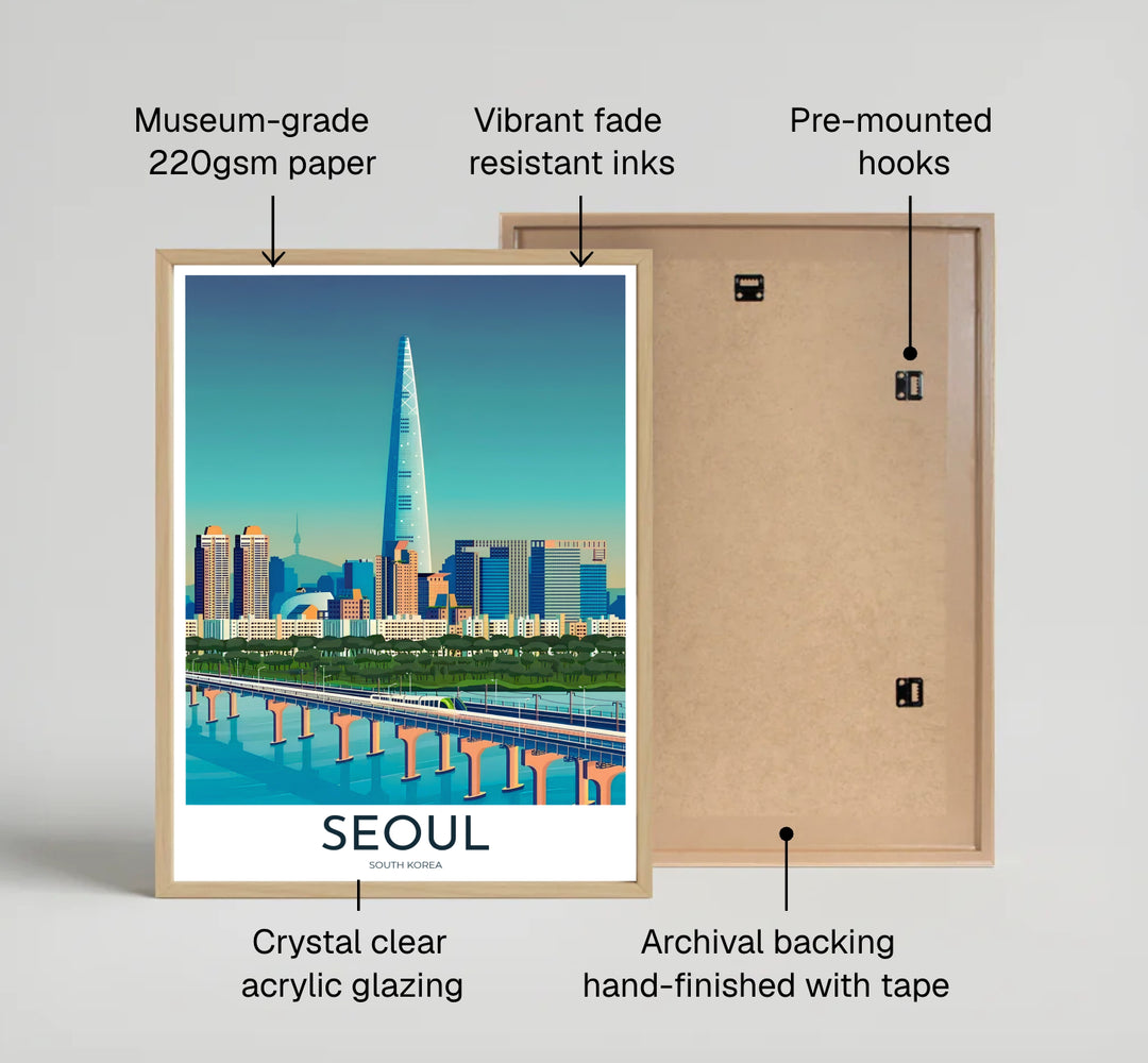 Graphic architectural decor displaying the sleek Lotte World Tower rising above Seoul high-rises, made available by MapYourDreams as unframed art prints, custom framed options, and durable canvas wall art.