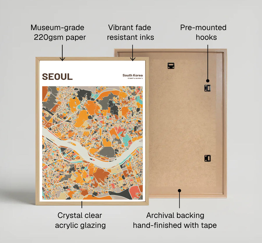 Minimalist warm street grid art print detailing the administrative districts and riverbanks of Seoul, South Korea, distributed by MapYourDreams in varied forms including unframed poster paper, sleek frames, and wrapped canvas to suit any interior layout.