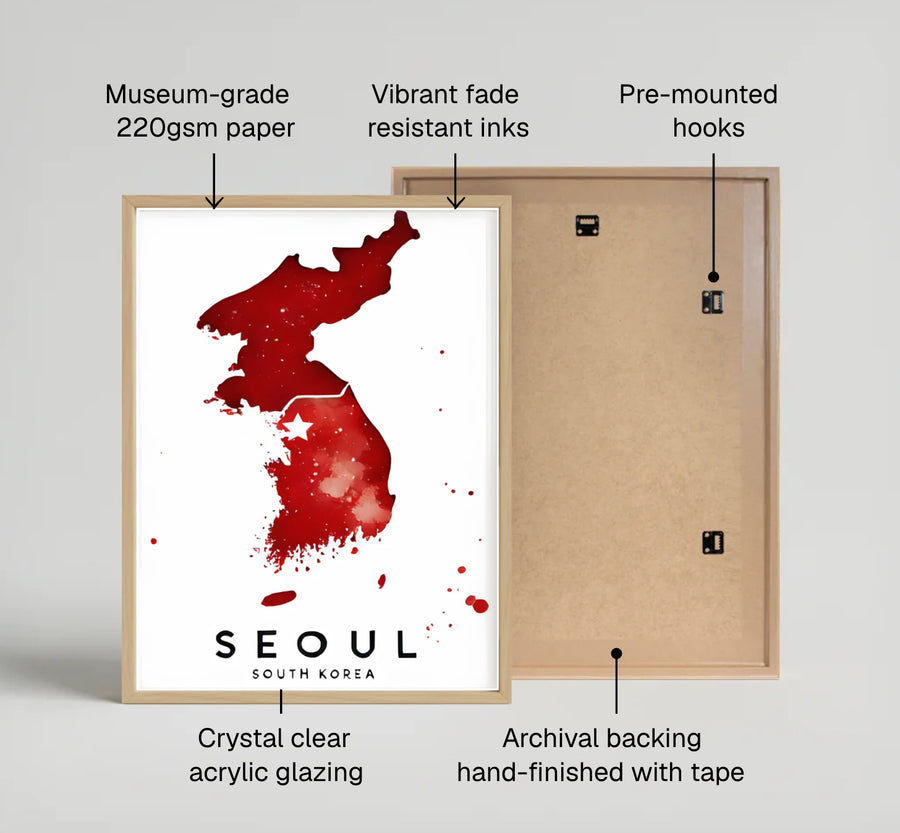 Minimalist crimson paint splatter map print detailing the Korean peninsula layout and Seoul, South Korea, distributed by MapYourDreams in varied forms including unframed poster paper, sleek frames, and wrapped canvas to suit any interior layout.
