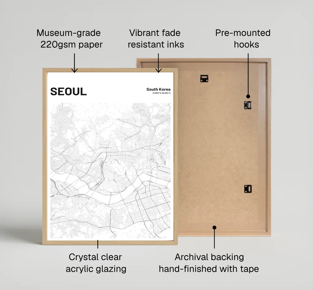 Sophisticated black and white seoul street map travel poster depicting the urban layout of south korea&