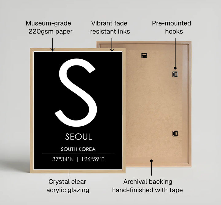 Sophisticated monochrome seoul monogram travel poster depicting the S initial of south korea capital, brought to you by MapYourDreams with flexible styling formats such as unframed prints, ready-to-hang frames, and wrapped canvas ideal for home office or bedroom study spaces.