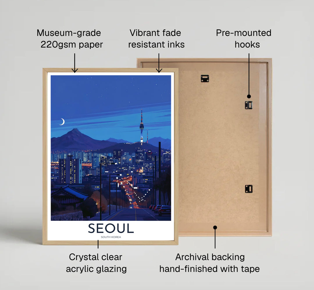 Romantic nocturnal city art print detailing traditional hillside roofs and glowing skyscrapers in Seoul South Korea, distributed by MapYourDreams in varied forms including unframed poster paper, sleek frames, and wrapped canvas to suit any interior wall layout.