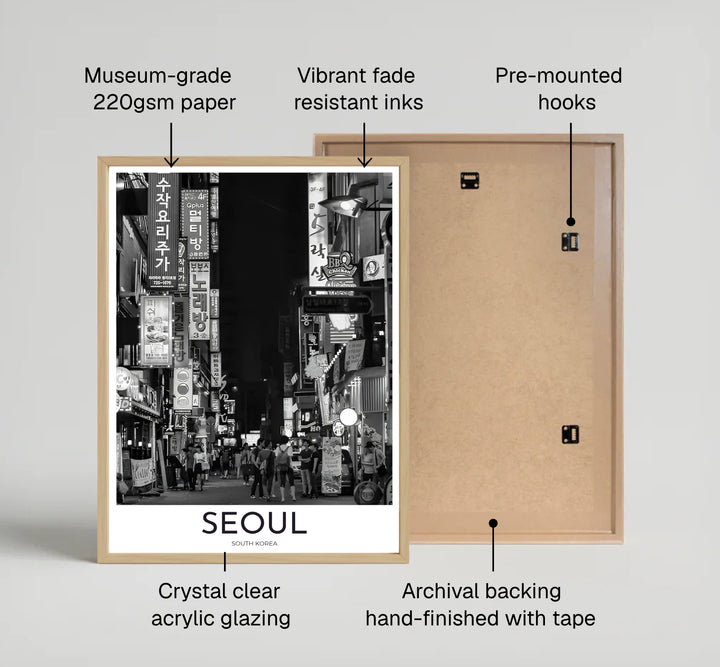 Monochromatic street photography poster featuring night pedestrians and traditional Korean shop signs in South Korea, brought to you by MapYourDreams in flexible display options such as unframed prints, ready-to-hang frames, and wrapped canvas ideal for home offices or living rooms.