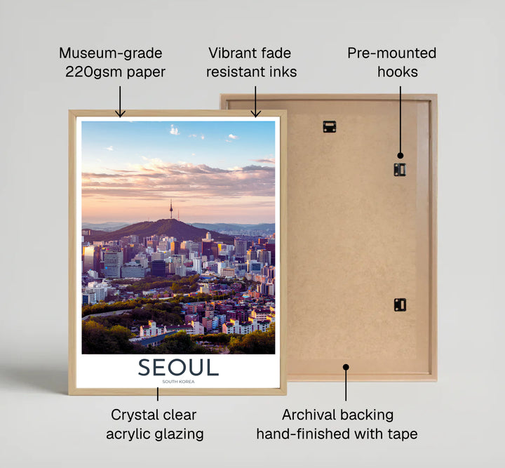 Serene twilight photography poster featuring soft pastel clouds and the iconic N Seoul Tower in South Korea, brought to you by MapYourDreams in flexible display options such as unframed prints, ready-to-hang frames, and wrapped canvas ideal for home offices or bedrooms.