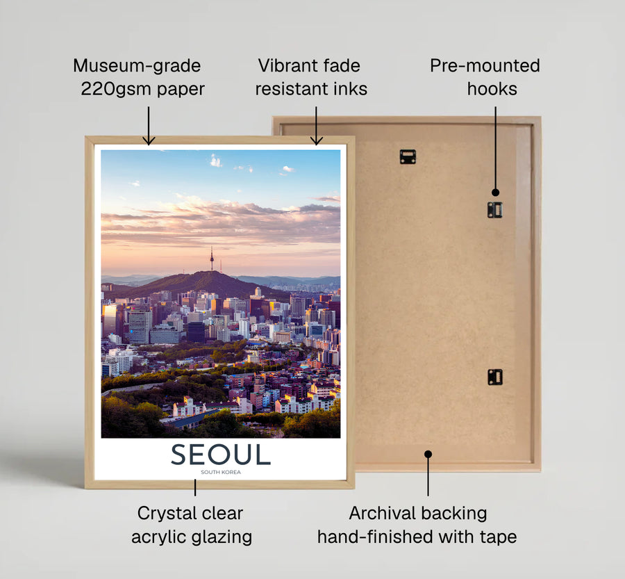 Serene twilight photography poster featuring soft pastel clouds and the iconic N Seoul Tower in South Korea, brought to you by MapYourDreams in flexible display options such as unframed prints, ready-to-hang frames, and wrapped canvas ideal for home offices or bedrooms.