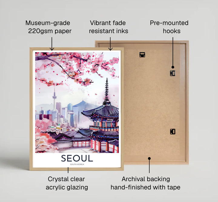 Elegant cherry blossom travel photography-style poster featuring soft pastel clouds and temple architecture in South Korea, brought to you by MapYourDreams in flexible display options such as unframed prints, ready-to-hang frames, and wrapped canvas ideal for home offices or living rooms.