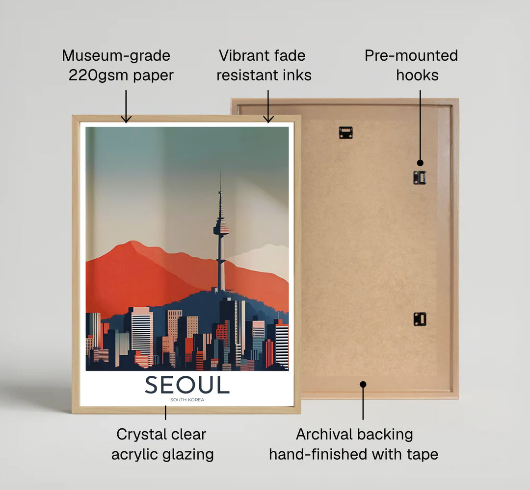 Burnt orange and slate blue travel poster featuring N Seoul Tower and modern city buildings in South Korea, brought to you by MapYourDreams in flexible display options such as unframed prints, ready-to-hang frames, and wrapped canvas ideal for living rooms or bedrooms.
