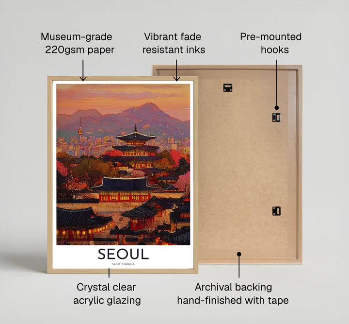 Elegant twilight palace travel poster featuring soft pastel sky tones and multi-tiered pagoda architecture in South Korea, brought to you by MapYourDreams in flexible display options such as unframed prints, ready-to-hang frames, and wrapped canvas ideal for home offices or living rooms.