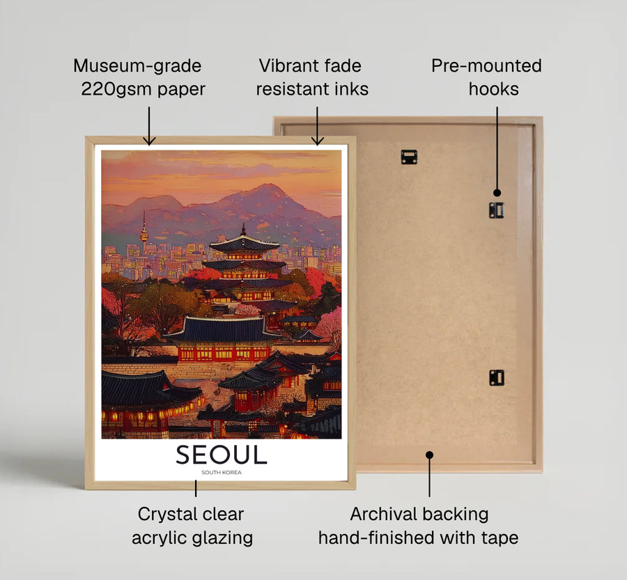 Elegant twilight palace travel poster featuring soft pastel sky tones and multi-tiered pagoda architecture in South Korea, brought to you by MapYourDreams in flexible display options such as unframed prints, ready-to-hang frames, and wrapped canvas ideal for home offices or living rooms.
