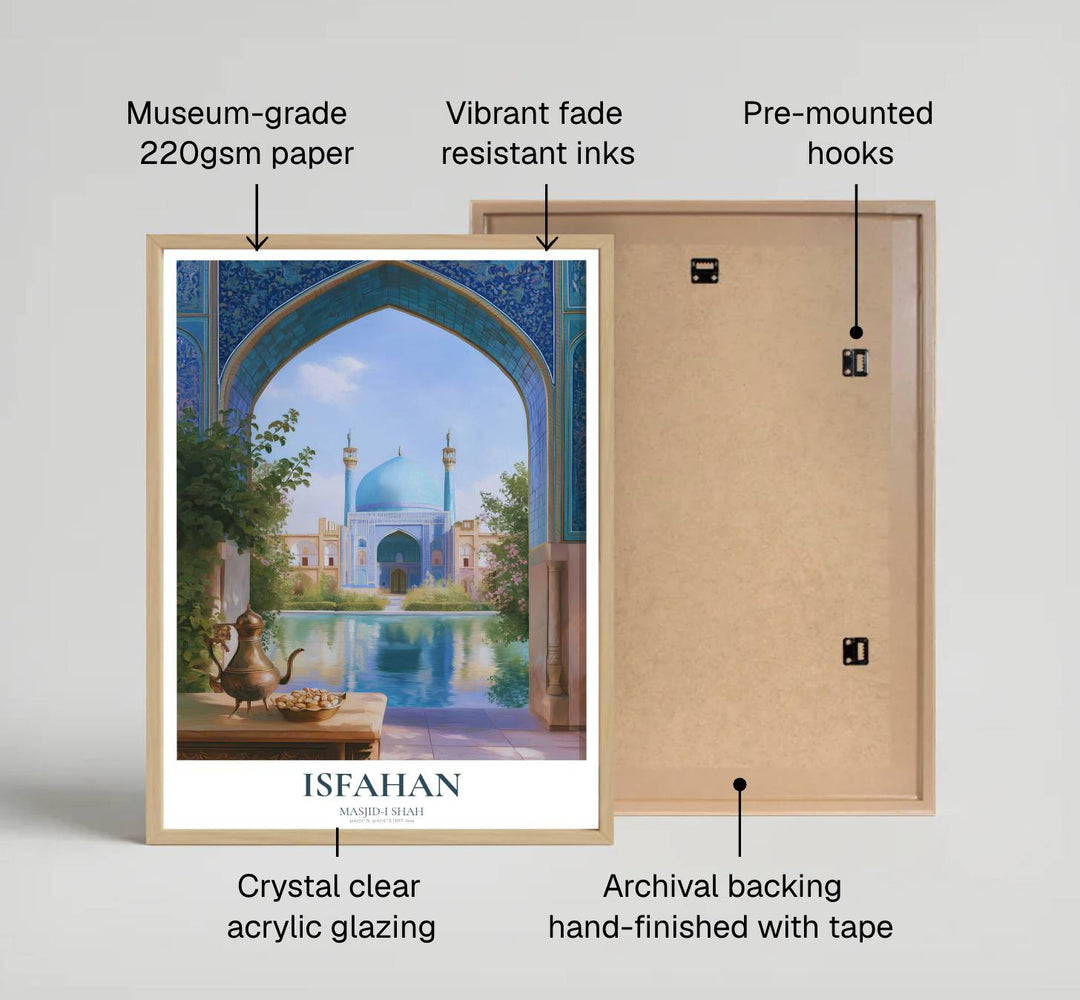 Fine art tilework print of Isfahan Shah Mosque printed on premium 220gsm professional matte archival paper stock. Distributed by MapYourDreams, this artwork is available in flexible options including unframed paper, custom wooden frames, and gallery canvas wraps for stylish wall decor.