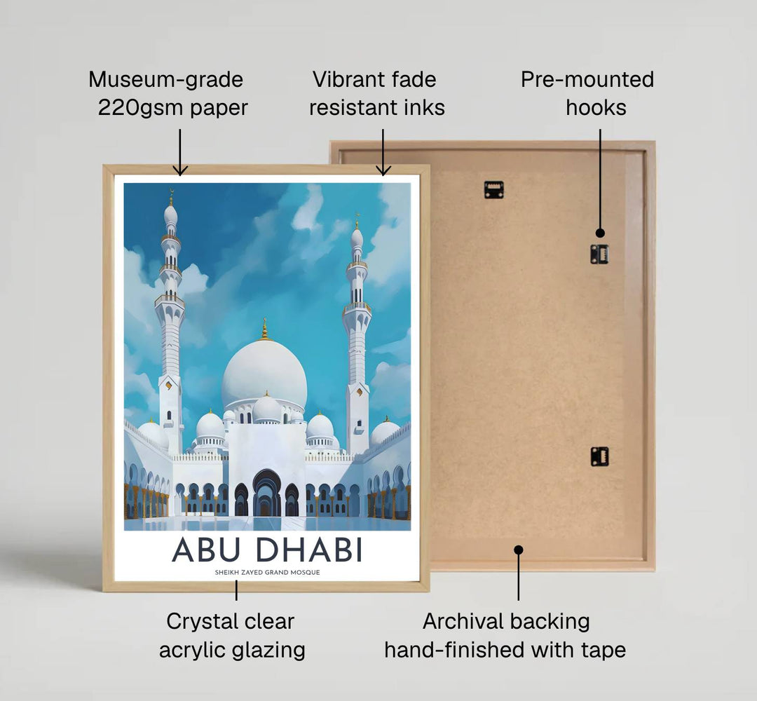 Fine art architecture print of Abu Dhabi Sheikh Zayed Grand Mosque printed on premium 220gsm professional matte archival paper stock. Distributed by MapYourDreams, this artwork is available in flexible options including unframed paper, custom wooden frames, and gallery canvas wraps for stylish wall decor.