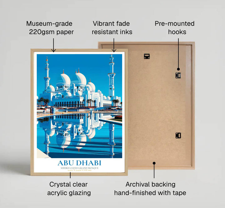 Fine art architecture print of Abu Dhabi Sheikh Zayed Grand Mosque printed on premium 220gsm professional matte archival paper stock. Distributed by MapYourDreams, this artwork is available in flexible options including unframed paper, custom wooden frames, and gallery canvas wraps for stylish wall decor.
