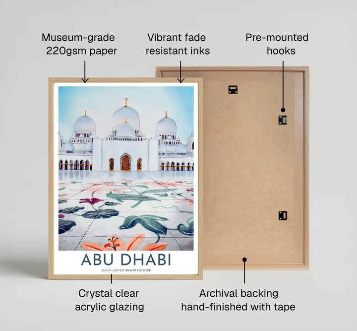 Fine art watercolor print of Abu Dhabi Sheikh Zayed Grand Mosque printed on premium 220gsm professional matte archival paper stock. Distributed by MapYourDreams, this artwork is available in flexible options including unframed paper, custom wooden frames, and gallery canvas wraps for stylish wall decor.
