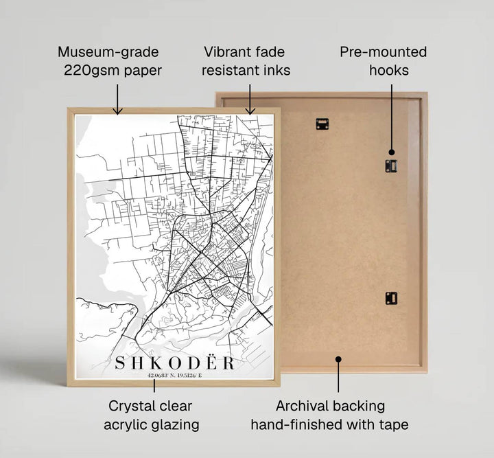 Detailed road networks and lake paths converge around Shkodër in this modern monochrome geography poster from northwestern Albania. Provided by MapYourDreams with multiple finishes like unframed art paper, custom wooden frames, and gallery canvas wraps.