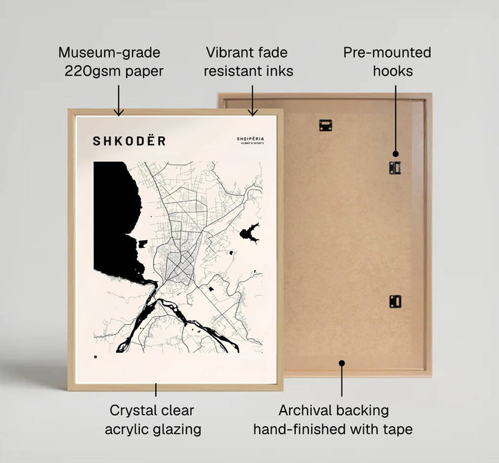 Detailed road networks and prominent lake shapes converge around Shkodër in this modern off-white geography poster from northwestern Albania. Provided by MapYourDreams with multiple finishes like unframed art paper, custom wooden frames, and gallery canvas wraps.