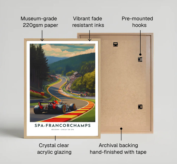 A vibrant portrayal of the Belgium Grand Prix at Spa-Francorchamps, showcasing forest greenery and classic race track kerbs. This wall art is offered by MapYourDreams, this artwork is available in flexible options including unframed paper, custom wooden frames, and gallery canvas wraps.