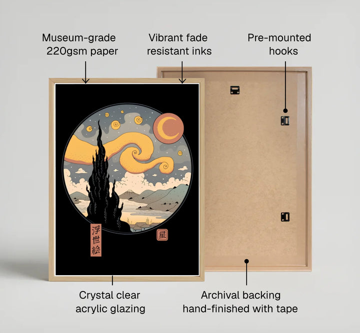 Cross-cultural fusion poster print of Vincent van Gogh Starry Night Ukiyo E 1889 portraying swirling clouds above Saint-Rémy-de-Provence with Mount Fuji in the background. MapYourDreams features high-quality framed wall decor, unframed poster prints, and stretched canvas formats for spaces.
