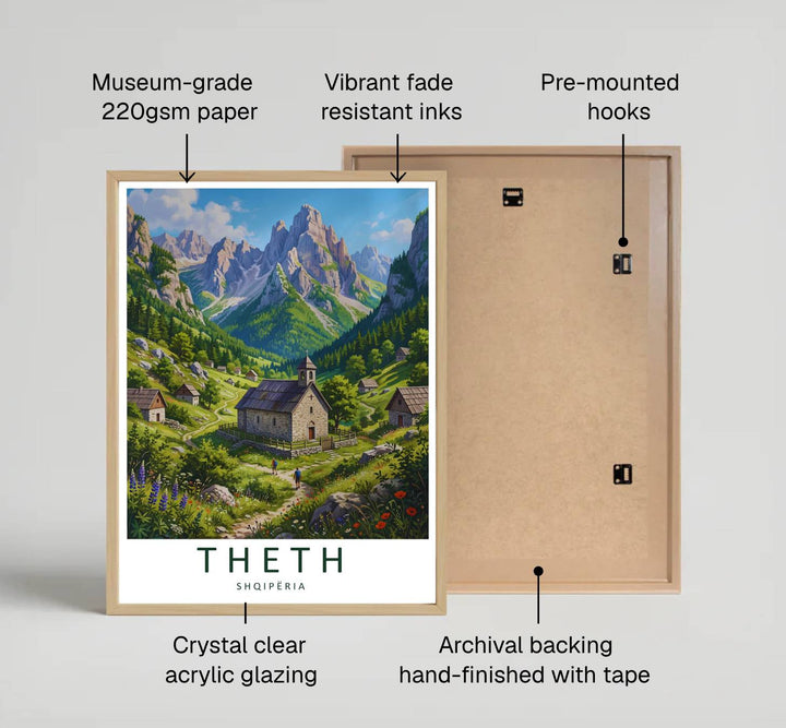 Two hikers walk along a pastoral trail toward the historic stone church, bringing peaceful Albanian Alps vacation energy indoors. Provided by MapYourDreams in flexible choices such as unframed paper prints, wood-framed styles, and wrapped canvas options.