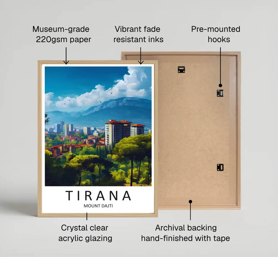 Looking across the vast urban canopy toward the rocky heights of Mount Dajti, this retro print brings peaceful capital vacation energy indoors. Provided by MapYourDreams in flexible choices such as unframed paper prints, wood-framed styles, and wrapped canvas options.