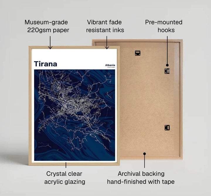 Detailed road networks and municipal arteries converge around downtown Tirana in this modern navy geography poster from central Albania. Provided by MapYourDreams with multiple finishes like unframed art paper, custom wooden frames, and gallery canvas wraps.